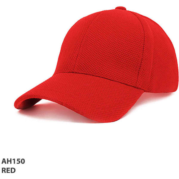 A red cap with a mesh design and a curved brim. It features a logo on the front.
