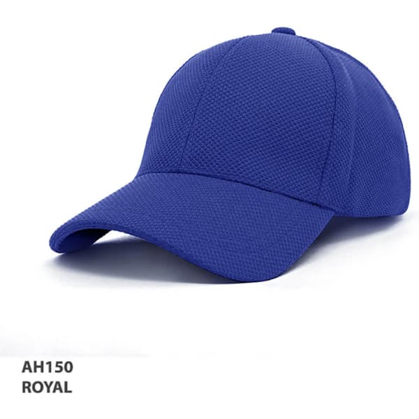 A royal blue cap featuring a mesh design and a branded logo.
