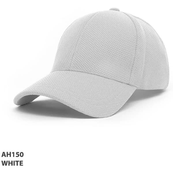 A white cap with a mesh design, featuring a curved brim and a logo.
