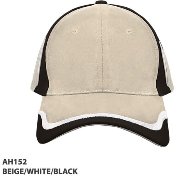 A beige, white, and black cap with a curved brim and a logo on the front.