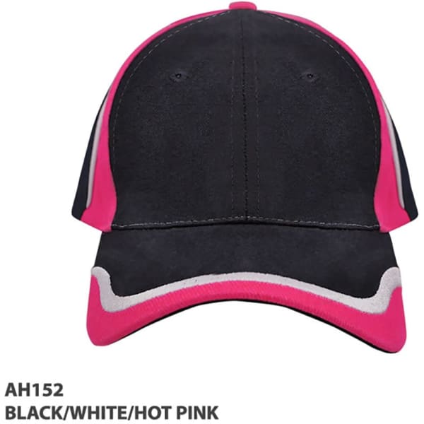 A black cap with hot pink and white accents, featuring a curved peak and a branding logo.