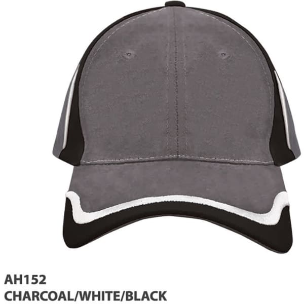 A cap in charcoal, white, and black with a structured design and a logo.