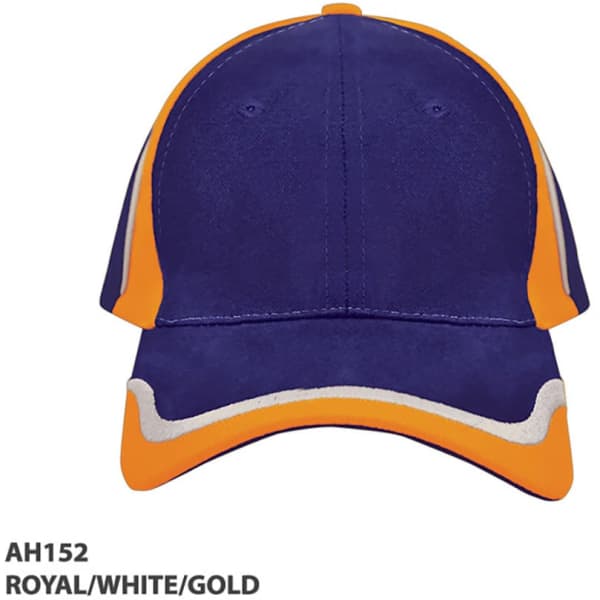A cap featuring royal blue, white, and gold colours, with a curved brim and a logo.