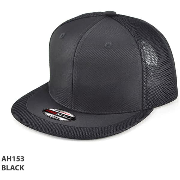 A black cap with a structured front and mesh sides, featuring a branded logo on the front.