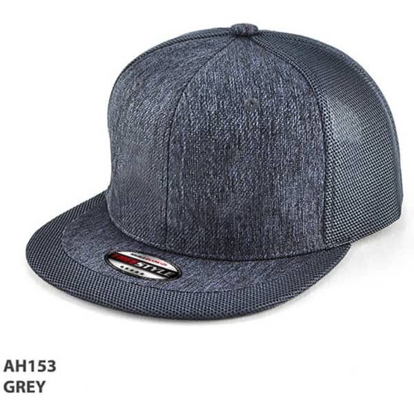 A grey cap featuring a textured finish and a branded logo on the front.