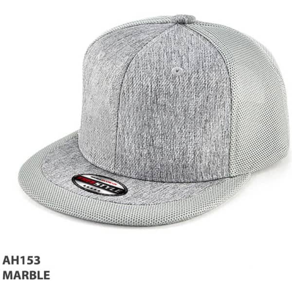A grey marble cap featuring a textured design and a branding logo on the front.