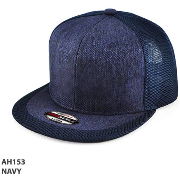 A navy cap with a flat brim, featuring a textured fabric and a mesh back, along with branding on the front.