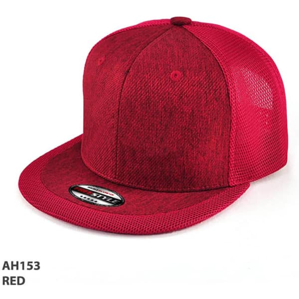 A red cap featuring a structured design and a mesh back, with a logo on the front.