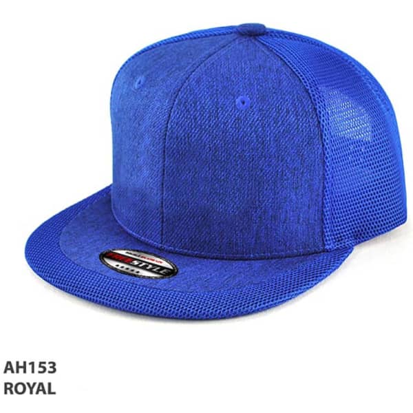 A blue cap with a mesh back and a logo, designed for headwear use.