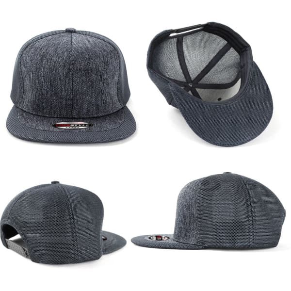 A grey cap featuring a textured design, showcasing different angles and an inner view, with a logo present.
