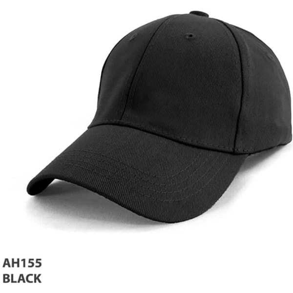 A black cotton spandex cap with a rounded brim and a logo.