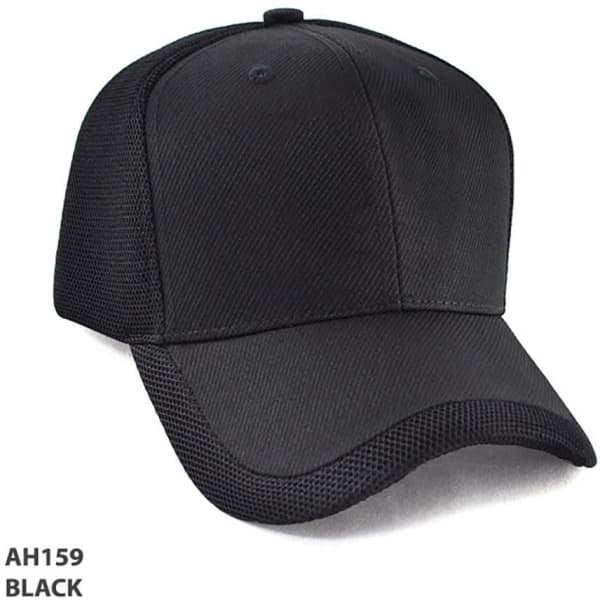 A black cap with a structured front and mesh back, featuring a logo.