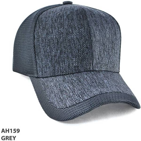 A grey cap with a textured front and mesh sides, featuring a curved brim and a logo.