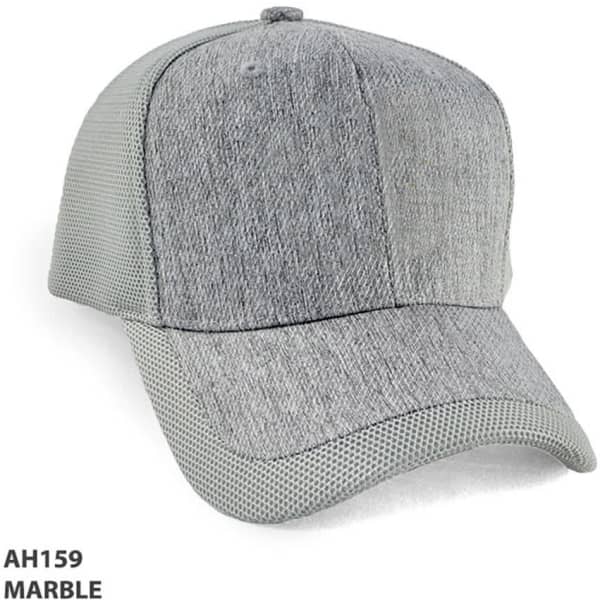 A grey cap with a textured fabric and mesh panel, featuring a logo on the front.