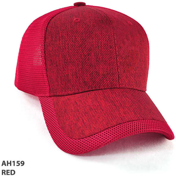 A red cap with a textured front and mesh panels on the sides, featuring a logo.