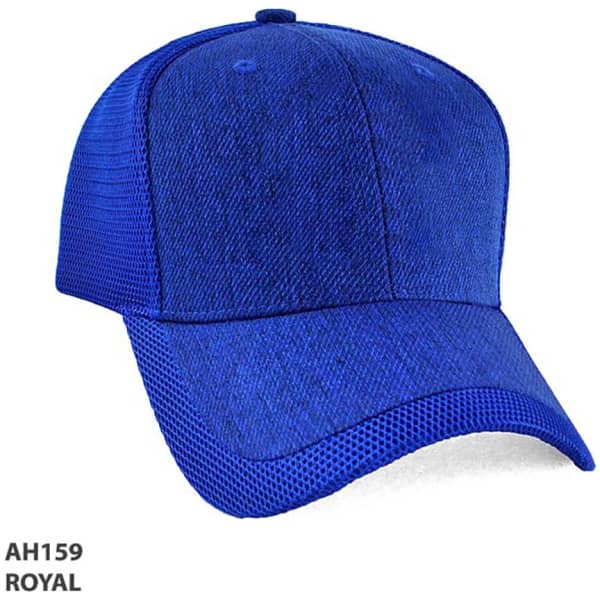 A blue cap with a mesh design and a structured crown, featuring a logo on the front.