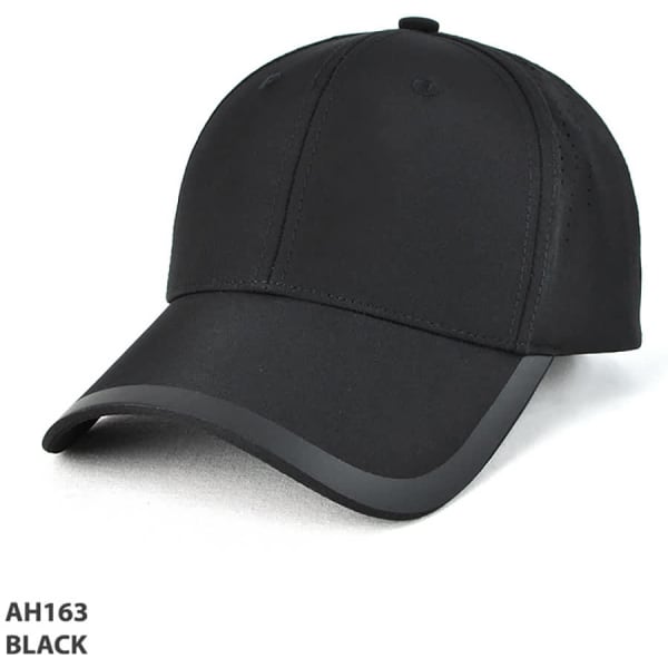 A black cap with a curved brim and a subtle logo. It features a sleek design and is made from a smooth material.