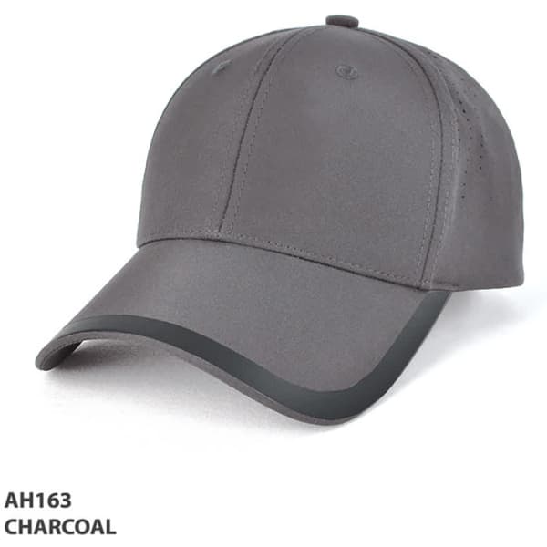 A charcoal grey cap with a curved brim and a logo on the front.