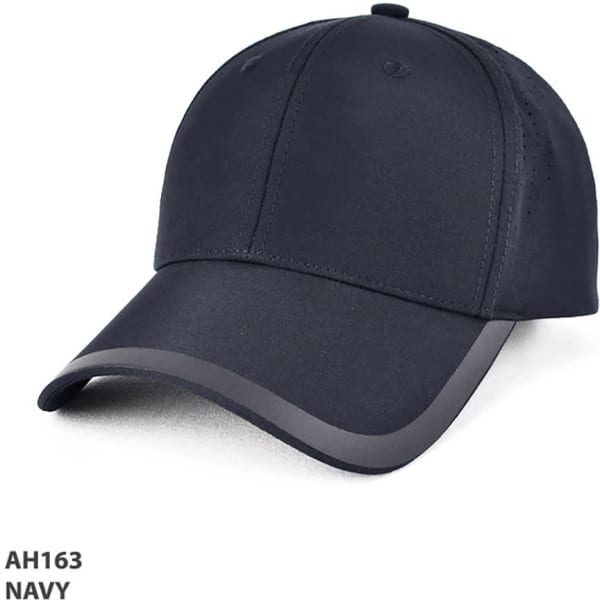 A navy cap with a curved brim, featuring a logo and a smooth finish.