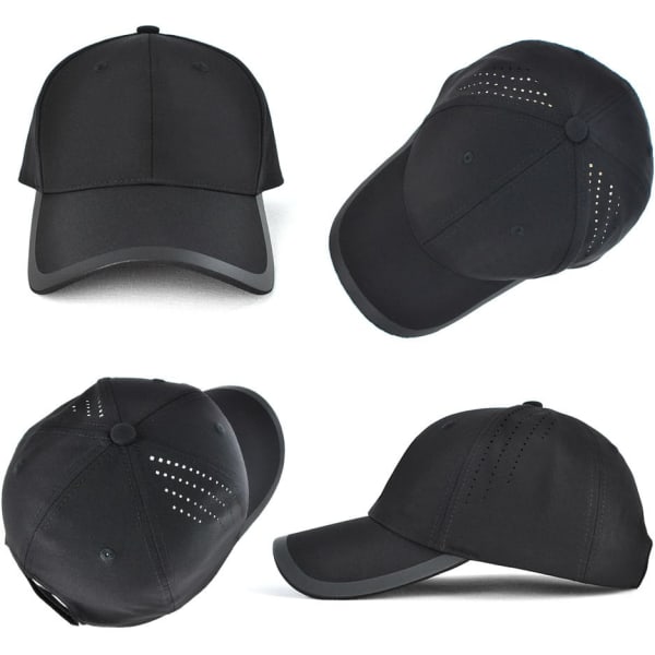 A black cap featuring ventilation holes and a curved peak, showcasing multiple angles of the design.