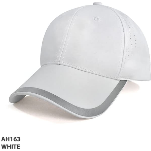 A white cap featuring a curved peak and a logo, with grey detailing along the brim.