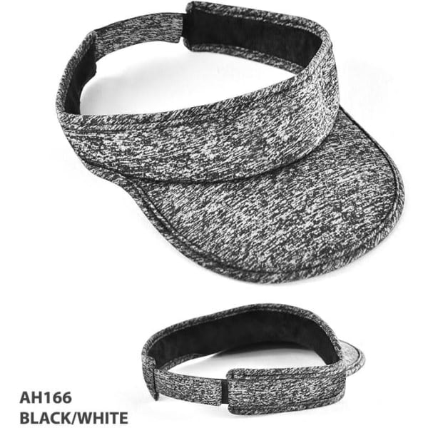 A black and white textured visor with a curved brim and an adjustable strap. It features a logo.
