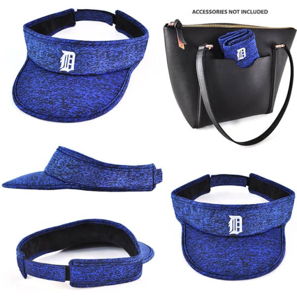 A blue visor with a branded logo, featuring a wide brim and adjustable strap, displayed from multiple angles.