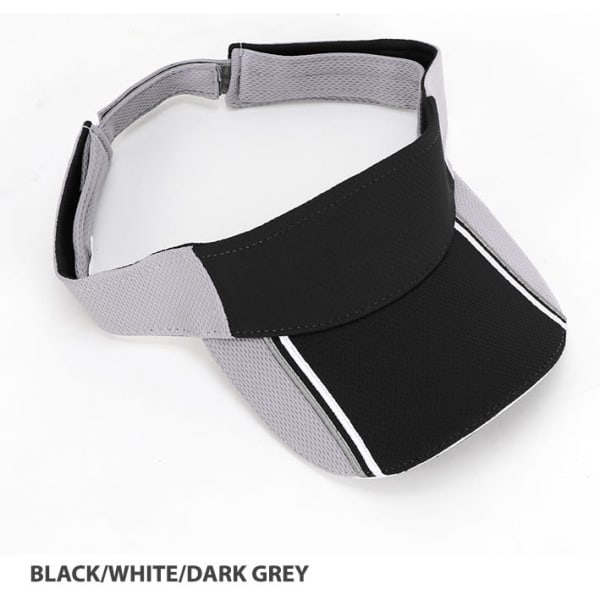 A black, white, and dark grey mesh knit visor with a branded logo on the front.