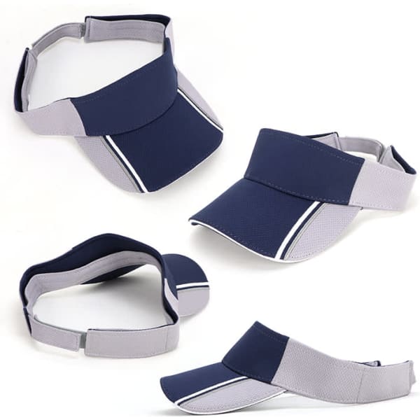 A navy and grey mesh knit visor featuring a logo, designed for headwear and sun protection.