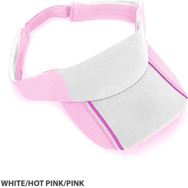 A white and hot pink mesh knit visor with a pink accent, featuring an adjustable strap and a logo.