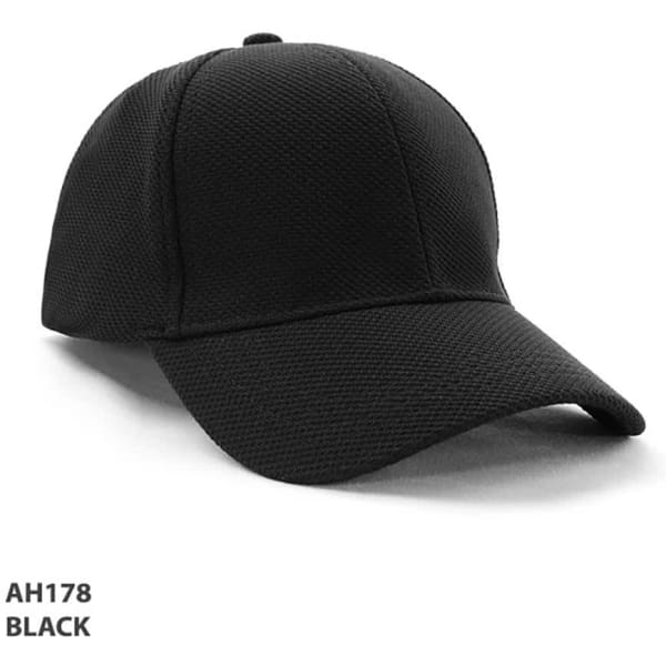 A black fitted cap with a textured mesh design and a curved brim, featuring a logo.