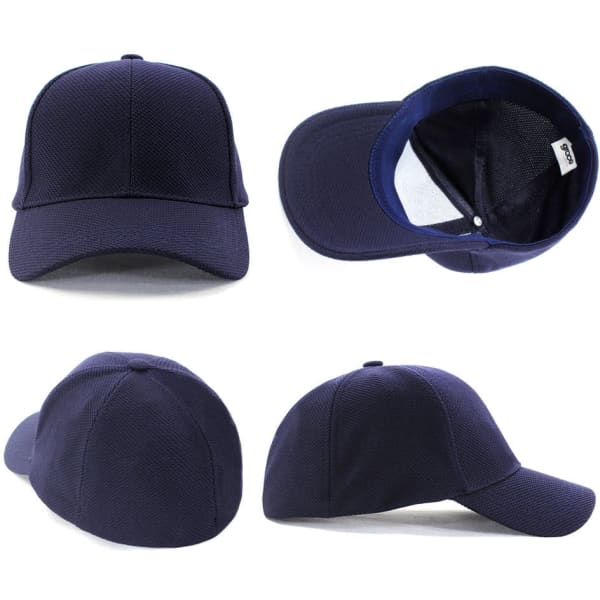 A navy blue mesh fitted cap displayed from various angles, featuring a logo on the front.