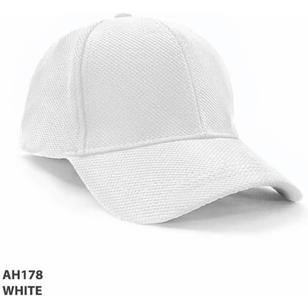 A white mesh fitted cap with a curved brim and a logo.