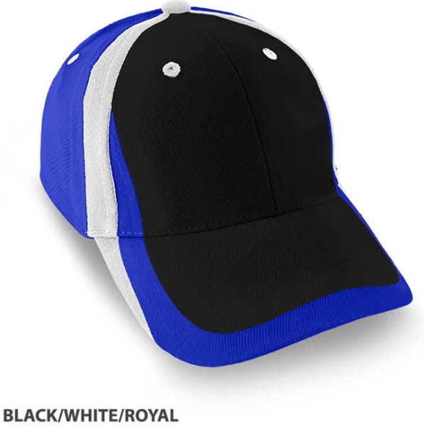 A black, white, and royal blue cap featuring a logo on the front.