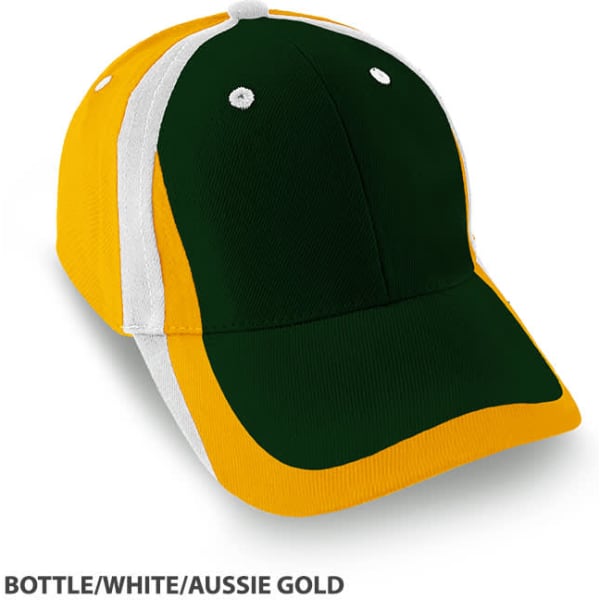 A green, white, and gold cap featuring a structured design and logo on the front.