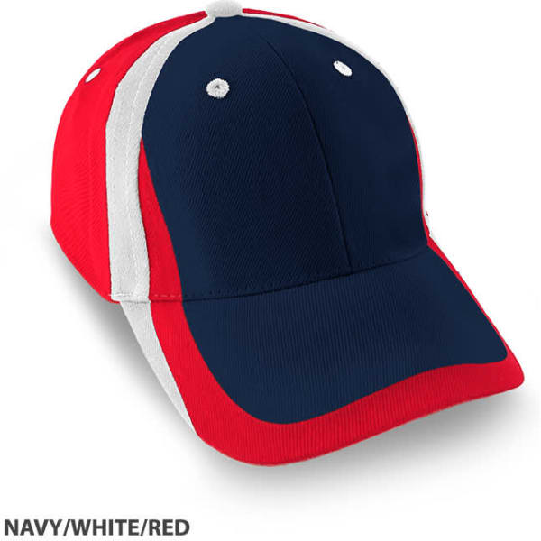 A navy, white, and red cap with a logo, featuring a classic curved brim and structured design.