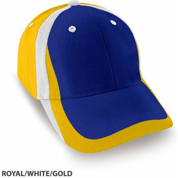 A cap featuring royal blue, white, and gold colours with a structured design and a logo on the front.