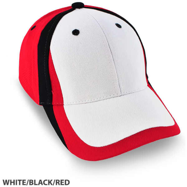 A cap featuring a white front, black sides, and red accents, with a logo on the front.