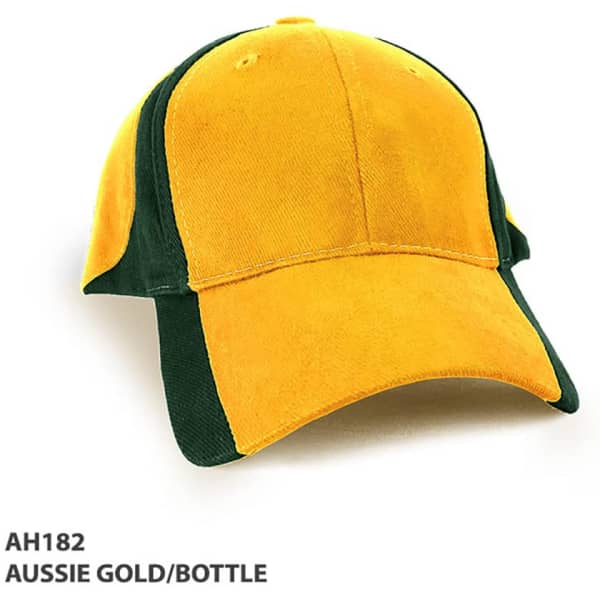 A cap in Aussie gold and bottle green, featuring a logo on the front.