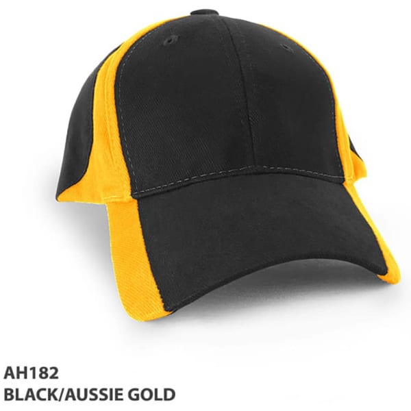 A cap featuring a black base with Aussie gold accents and a logo on the front.