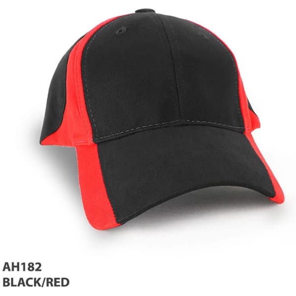 A black and red cap featuring a branded logo, designed for headwear.