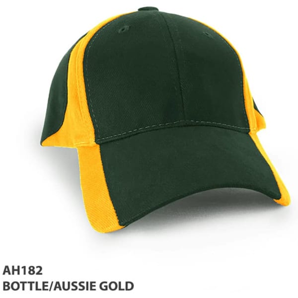 A green and gold cap featuring a logo, designed for headwear use.