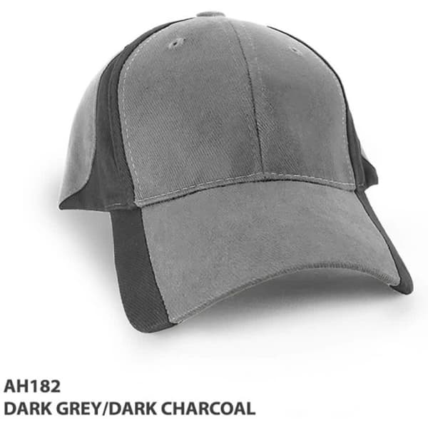 A dark grey and dark charcoal cap with a curved brim and a branding logo on the front.