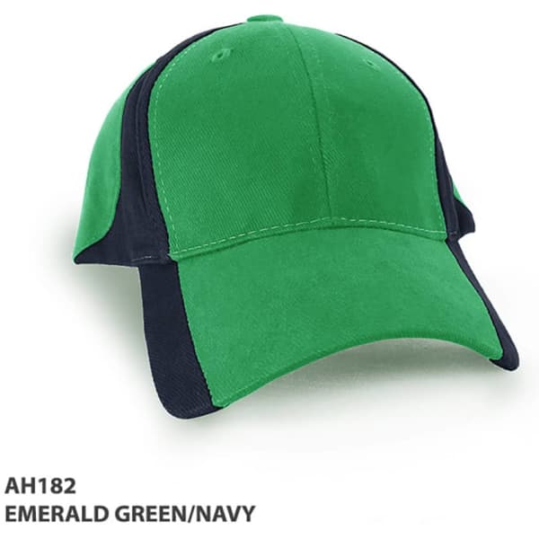A cap featuring emerald green and navy panels, with a logo on the front.