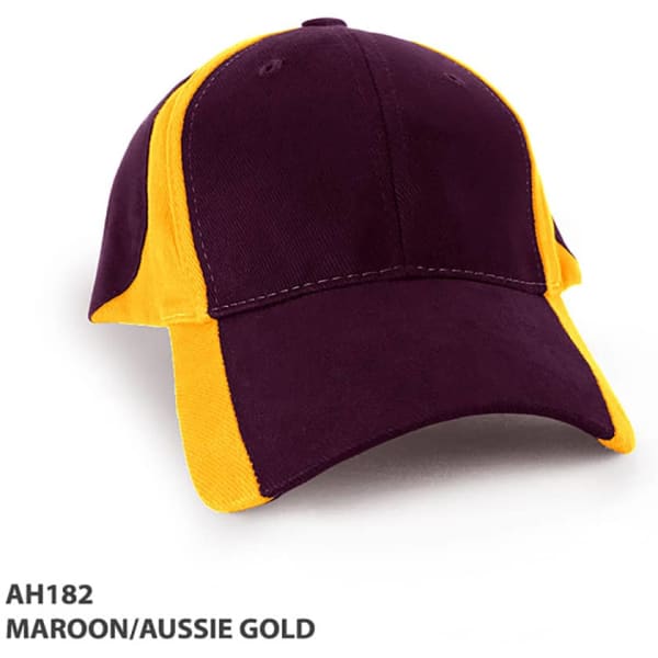 A maroon and Aussie gold cap with a curved peak and a logo.