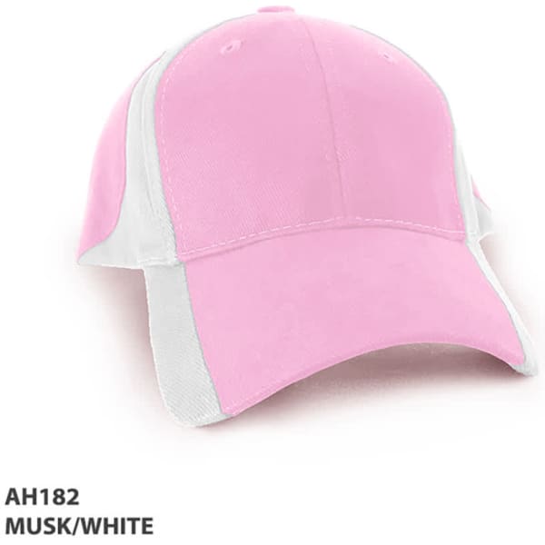 A pink and white cap featuring a logo, designed for promotional use.