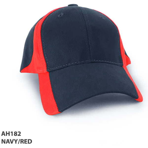 A navy and red cap with a logo on the front, featuring a structured design and curved peak.