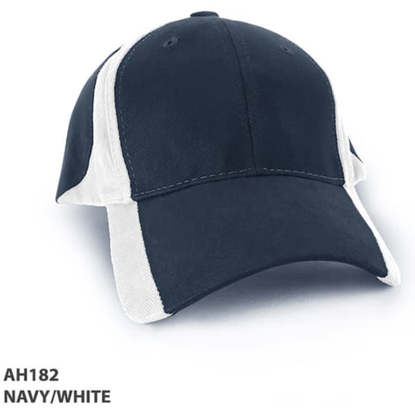 A navy and white cap with a structured design and a logo.