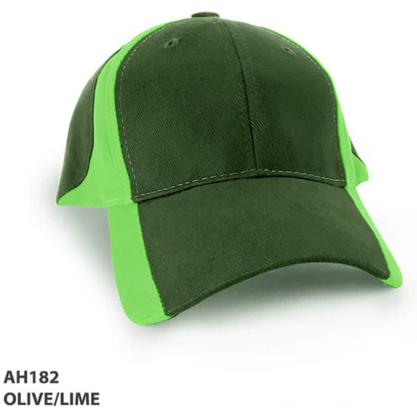 A cap in olive green and lime with a panel design and a logo.