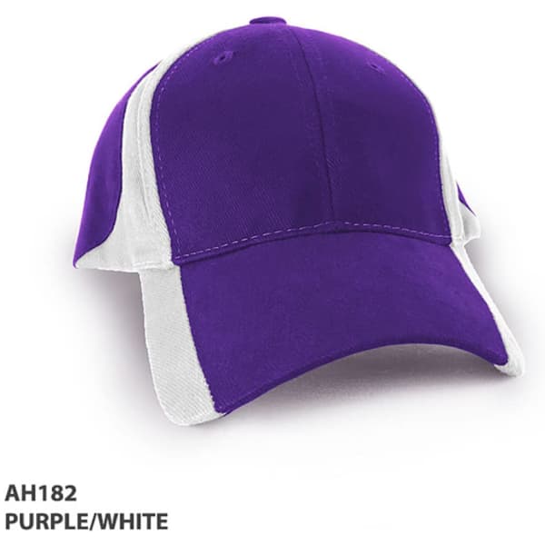 A purple and white cap with a structured design and a logo on the front.